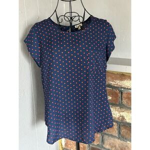 Lily White Blouse Womens Size M Blue Red Short Sleeve Polka Dot Classy Top